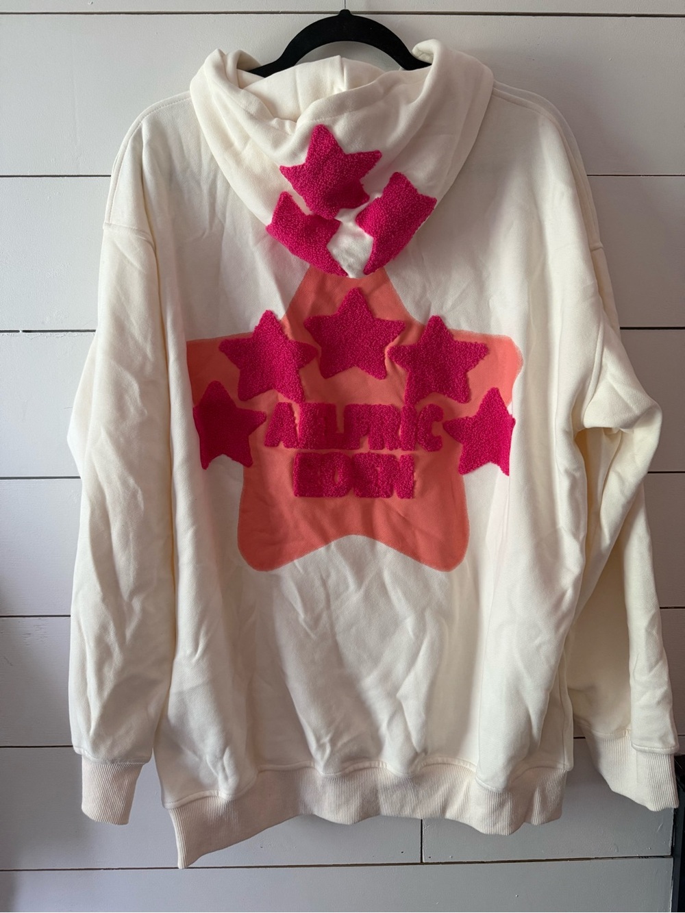 Aelfric Eden Cream Hoodie with Pink Star Appliqués and Peach Chest Panel - Picture 4 of 6